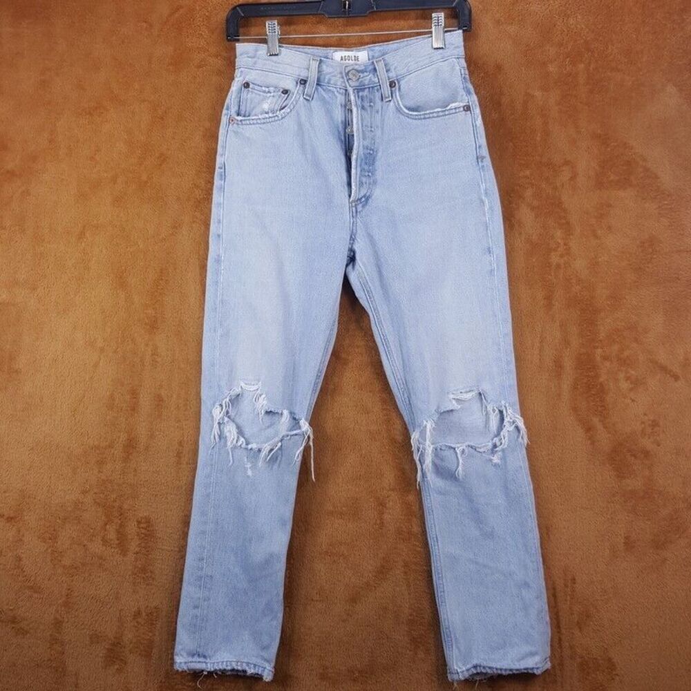 AGOLDE Womens Jeans Size 24 Light Wash Straight Button Fly Distressed RILEY CROP